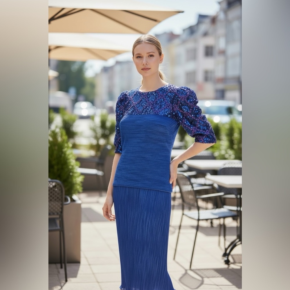 Vintage NWT Barbara Chados for Michael Marcella blue fortuny pleaded dress.